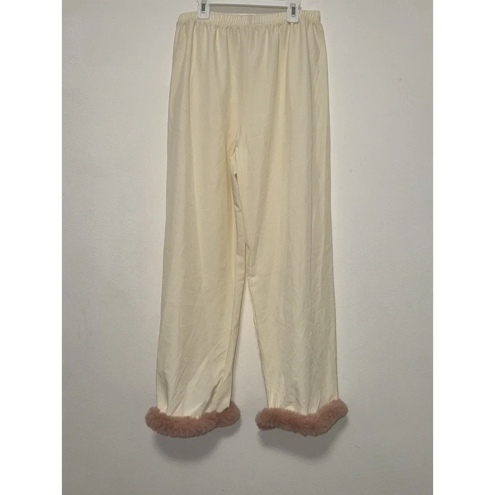 Faux Fur Trim Piped Edge Pyjama Pants Size L
